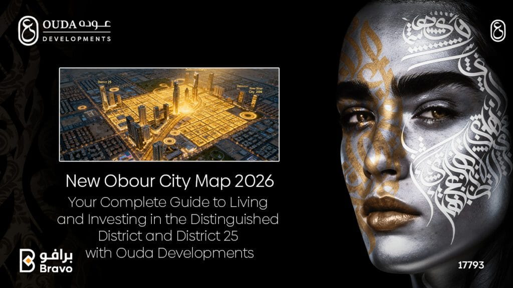 Strategic map of New Obour City 2026 showing the Distinguished District and District 25 with Ouda Developments project locations.