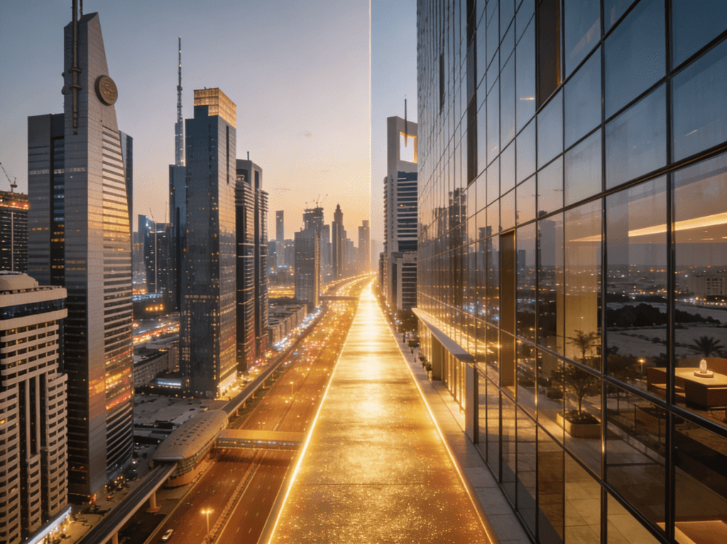 تصميم معماري فخم يربط بين الأبراج التجارية الحديثة لشارع التسعين والامتداد الاستثماري الجديد.