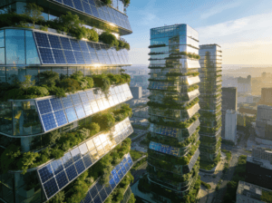 أبراج سكنية مستدامة وذكية مدمجة بالحدائق العمودية وألواح الطاقة الشمسية في العبور الجديدة.